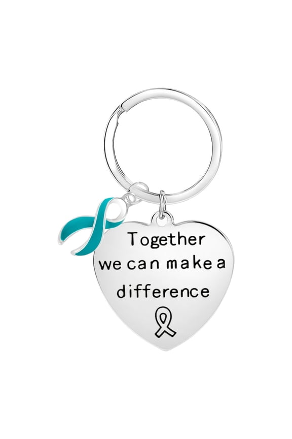 1 Pack Big Heart Teal Ribbon Key Chains (1 Keychain)