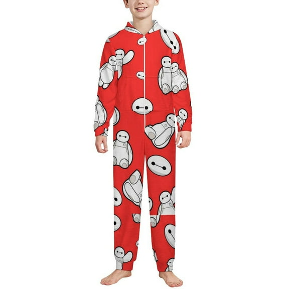 Big Hero 6 Baymax Jumpsuit Home Pajamas for Girls Boys Flannel One Piece Winter Hooded PJs Child Kid Onesie 4-5Y