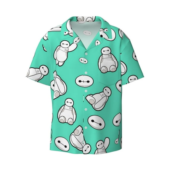 Big Hero 6 Baymax Men's Hawaiian Shirt Cuban Guayabera Collar Short Sleeve Casual Button Down Shirts Tropical Holiday Beach Shirts Small