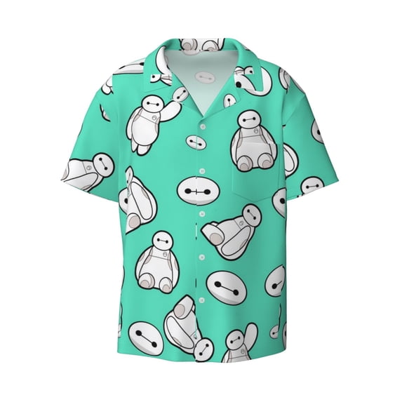 Cartoon Character Men's Hawaiian Shirt Cuban Guayabera Collar Short Sleeve Casual Button Down Shirts Tropical Holiday Beach Shirts Small