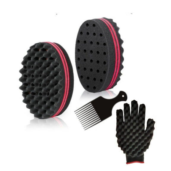 Big Holes Barber Hair Brush Sponge Dreads Locking Twist Afro Curl Coil Wave Hair Care Tool, 3 Pcs with 1 Pc Hair Pick