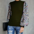 thumbnail image 1 of Big Holiday Savings Juebong Women's Sequins Lantern Sleeve Splicing Long Sleeve Sweatshirt Top Ladies High Neck Stitching Jumper Top, 1 of 5