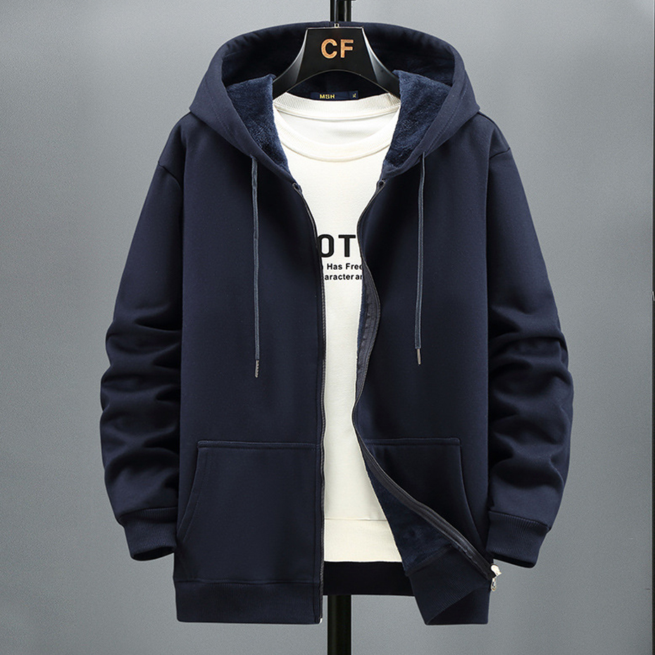 Big Hoodie Men Autumn Winter Fleece Hoodies Solid Color Jacket Zip Up