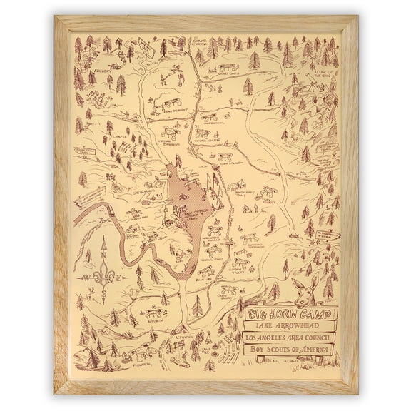 Big Horn Camp Lake Arrowhead 1955 Vintage Scout Camp Map Wall Art 11x14 Framed Poster Ready to Hang Rustic Cabin Trails Layout Hand Drawn Wilderness Diagram Camping Decor Adventure Theme Office