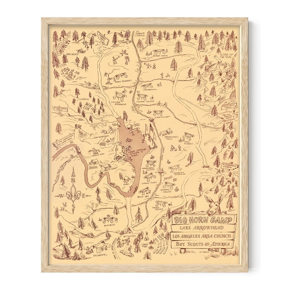 Big Horn Camp Lake Arrowhead 1955 Vintage Scout Camp Map Wall Art 16x20 Framed Poster Ready to Hang Rustic Cabin Trails Layout Hand Drawn Wilderness Diagram Camping Decor Adventure Theme Office
