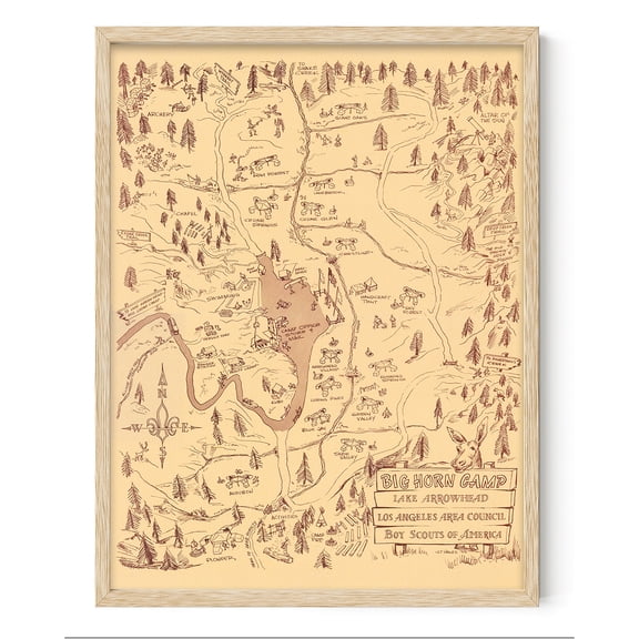 Big Horn Camp Lake Arrowhead 1955 Vintage Scout Camp Map Wall Art 18x24 Framed Poster Ready to Hang Rustic Cabin Trails Layout Hand Drawn Wilderness Diagram Camping Decor Adventure Theme Office