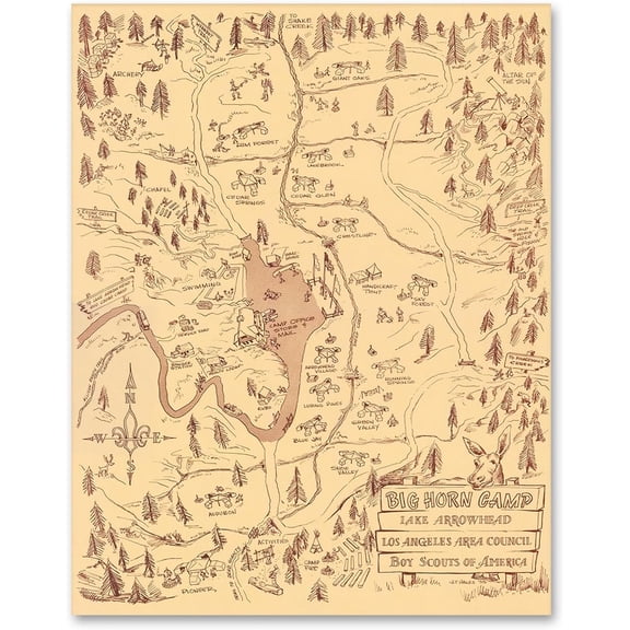 Big Horn Camp Lake Arrowhead 1955 Vintage Scout Camp Map Wall Art 18x24 Stretched Canvas Poster Ready to Hang Rustic Cabin Trails Layout Hand Drawn Wilderness Diagram Camping Decor Scout Leader Gift