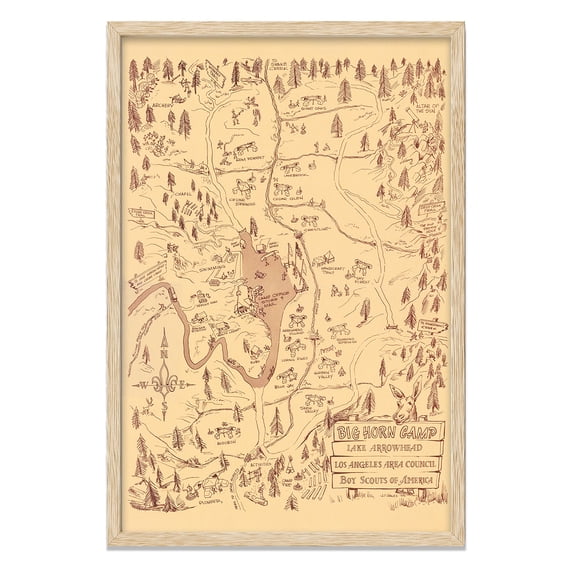 Big Horn Camp Lake Arrowhead 1955 Vintage Scout Camp Map Wall Art 24x36 Framed Poster Ready to Hang Rustic Cabin Trails Layout Hand Drawn Wilderness Diagram Camping Decor Adventure Theme Office
