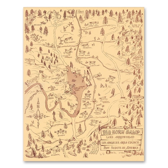 Big Horn Camp Lake Arrowhead 1955 Vintage Scout Camp Map Wall Art 24x36 Unframed Poster Rustic Cabin Trails Layout Hand Drawn Wilderness Diagram Camping Decor Boy Scout Collectible Lodge Man Cave