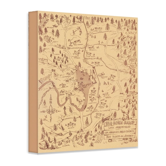 Big Horn Camp Lake Arrowhead 1955 Vintage Scout Camp Map Wall Art 28x36 Stretched Canvas Poster Ready to Hang Rustic Cabin Trails Layout Hand Drawn Wilderness Diagram Camping Decor Scout Leader Gift