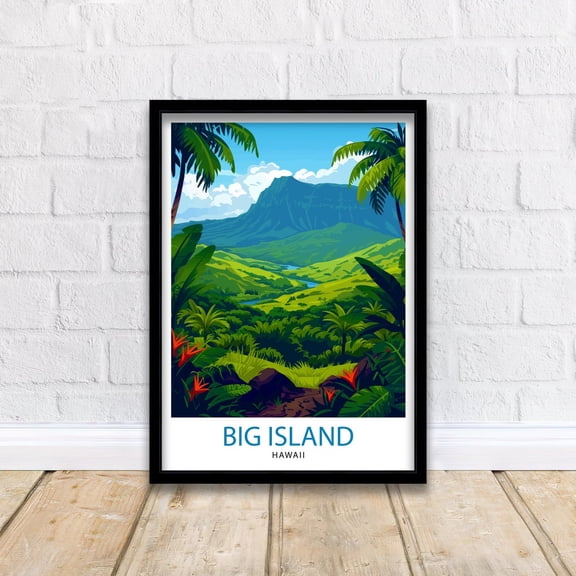 Big Island Hawaii Print Volcanic Landscape Art Hawaiian Beach Tropical Paradise Wall Decor Pacific Ocean Illustration