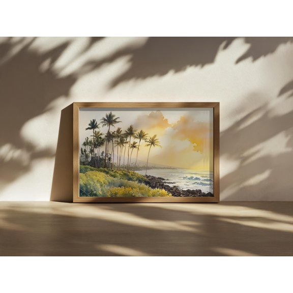 Big Island Sunset Reflection Hawaii Ocean Water Kailua Kona Summer Beach Volcanic Tropical Island Coastal Wall Art Poster , Poster Print Only