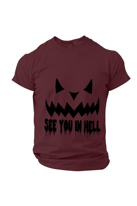 Big Jack O' Lantern Face Printed Mens Halloween Costumes T-Shirt, Halloween Spooky See You Hell Letter Printed Outfit for Holiday Party Gift