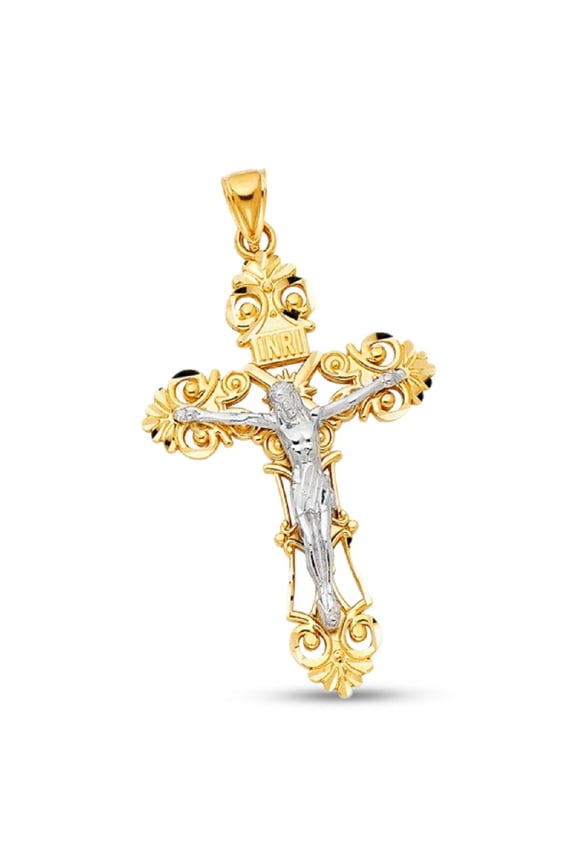 Big Jesus Cross INRI Pendant Solid 14k Yellow White Gold Heavy Crucifix Charm Diamond Cut 65 x 42 mm