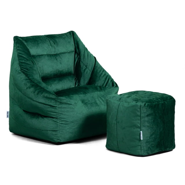 Big Joe Aurora Bean Bag Chair and Pouf Bundle, Deep Emerald Velvet, Soft Polyester, 3.5 feet
