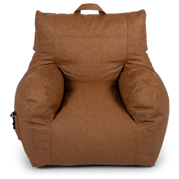Big Joe Dorm Bean Bag Chair with Drink Holder and Pocket for Teens and Kids, Caramel Vegan Leather, Kids and Teens, 3 foot Gaming and Reading Nook Seat, Refillable