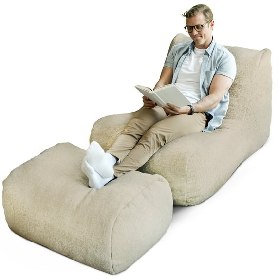 Big Joe Modora Bean Bag Lounger, Living Room and Gaming Seat, Birch Soft Boucle, Chair and Ottoman Set