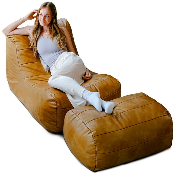 Big Joe Modora Bean Bag Lounger, Living Room and Gaming Seat, Copper Harbor Vegan Leather, Chair & Ottoman Set