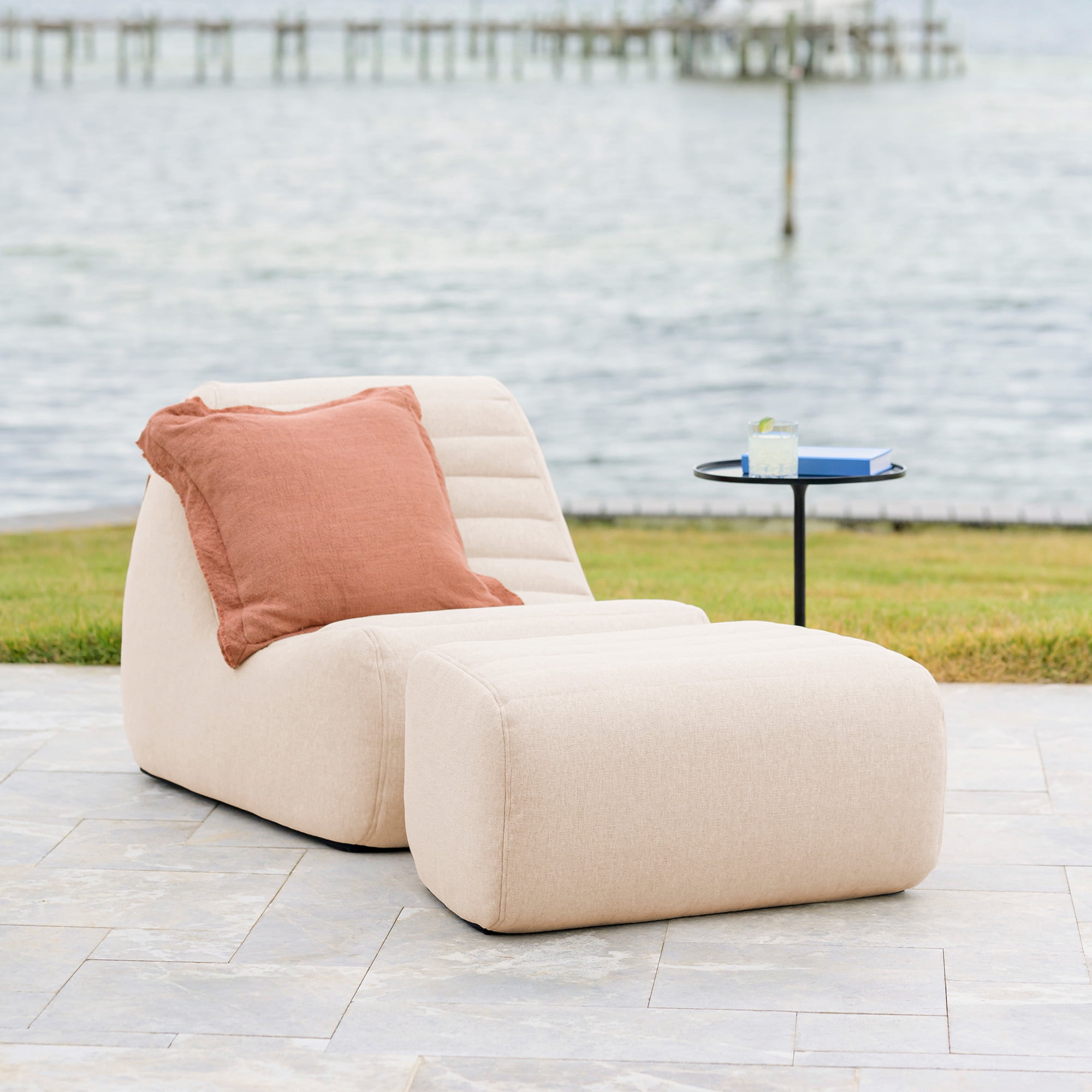 Big Joe Solvana Outdoor Lounge Chair and Ottoman, 2 Piece Patio Furniture Set, Performance Linen Weather-Resistant Fabric, Sunlit Cream