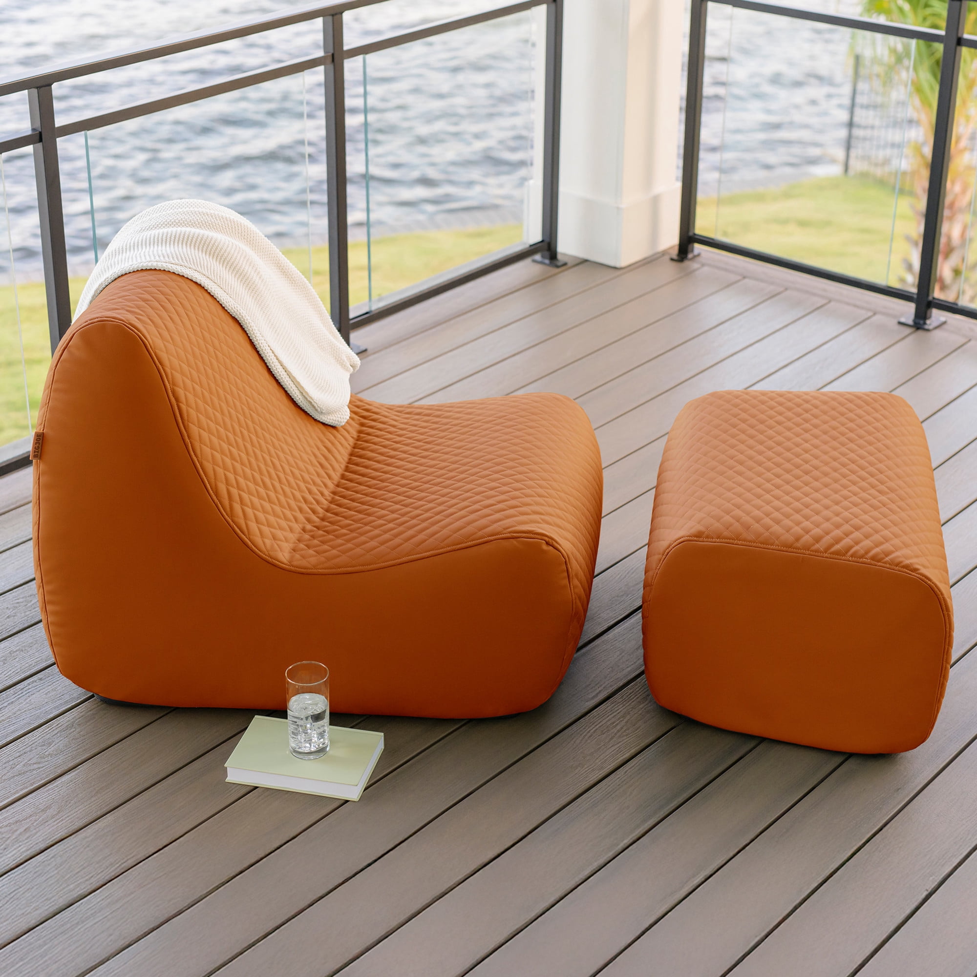 Big Joe Solvana Outdoor Lounge Chair and Ottoman, 2 Piece Patio Furniture Set, Weather-Resistant Cool Touch Silicone Stitched Leather, Honey Sand