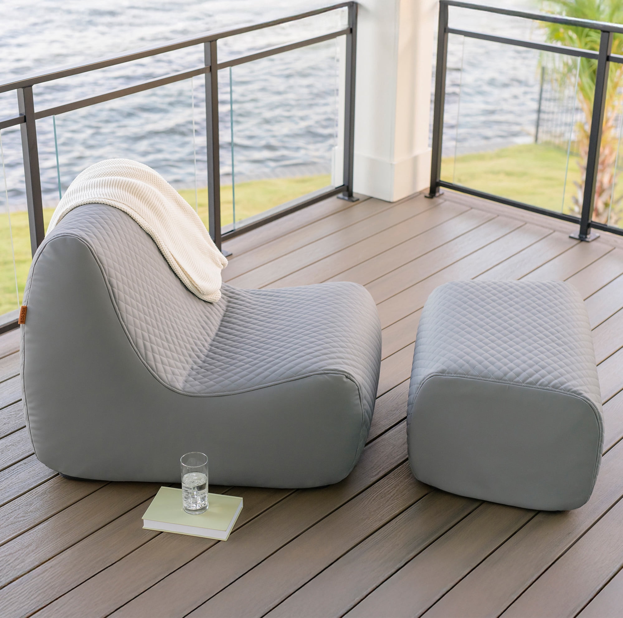 Big Joe Solvana Outdoor Lounge Chair and Ottoman, 2 Piece Patio Furniture Set, Weather-Resistant Cool Touch Silicone Stitched Leather, Moonlit Gray