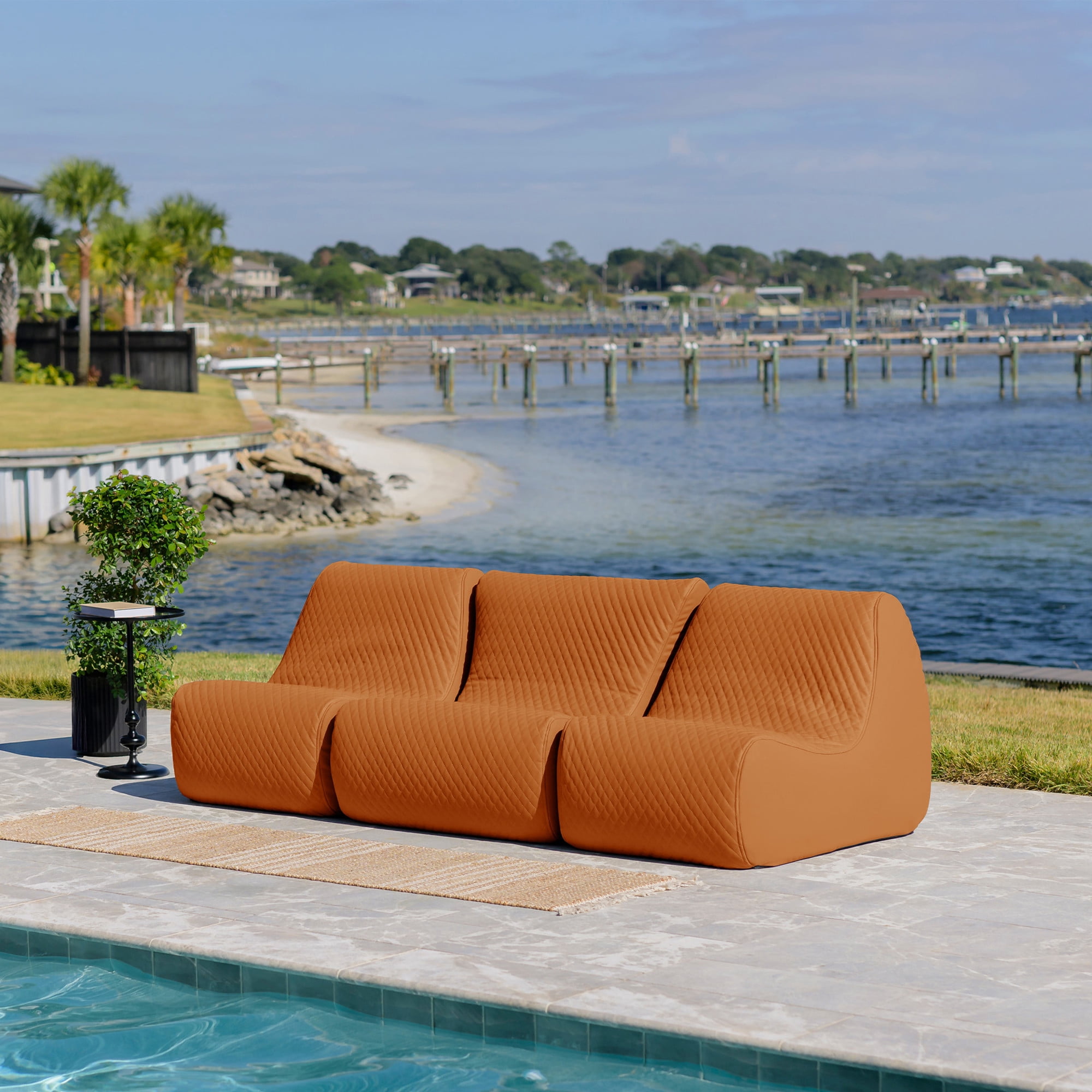Big Joe Solvana Outdoor Sectional, 3 Piece Patio Furniture Set, Weather-Resistant Cool Touch Silicone Stitched Leather Sofa, Honey Sand