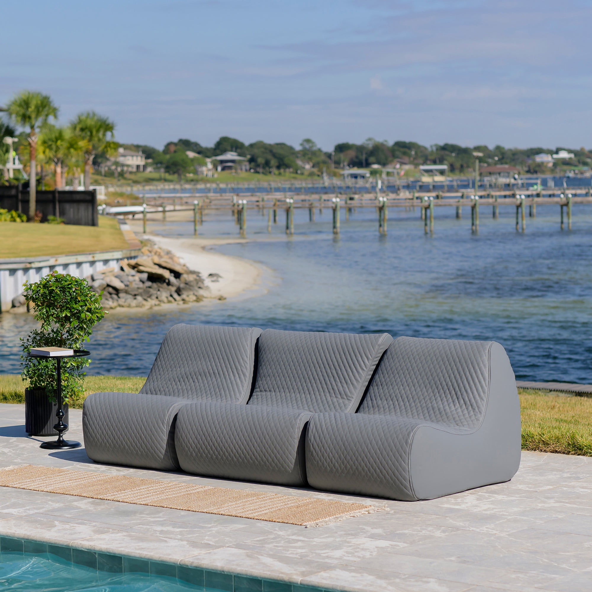 Big Joe Solvana Outdoor Sectional, 3 Piece Patio Furniture Set, Weather-Resistant Cool Touch Silicone Stitched Leather Sofa, Moonlit Gray