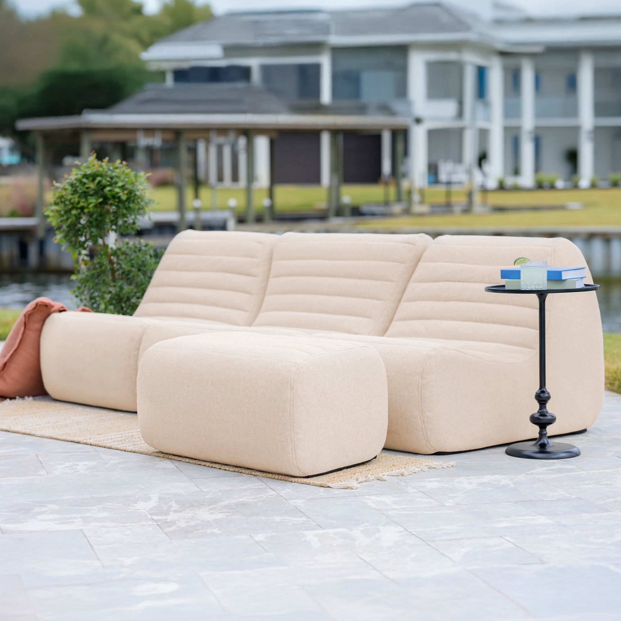 Big Joe Solvana Outdoor Sectional, 4 Piece Patio Furniture Set, Performance Linen Weather-Resistant Fabric Sofa, Sunlit Cream