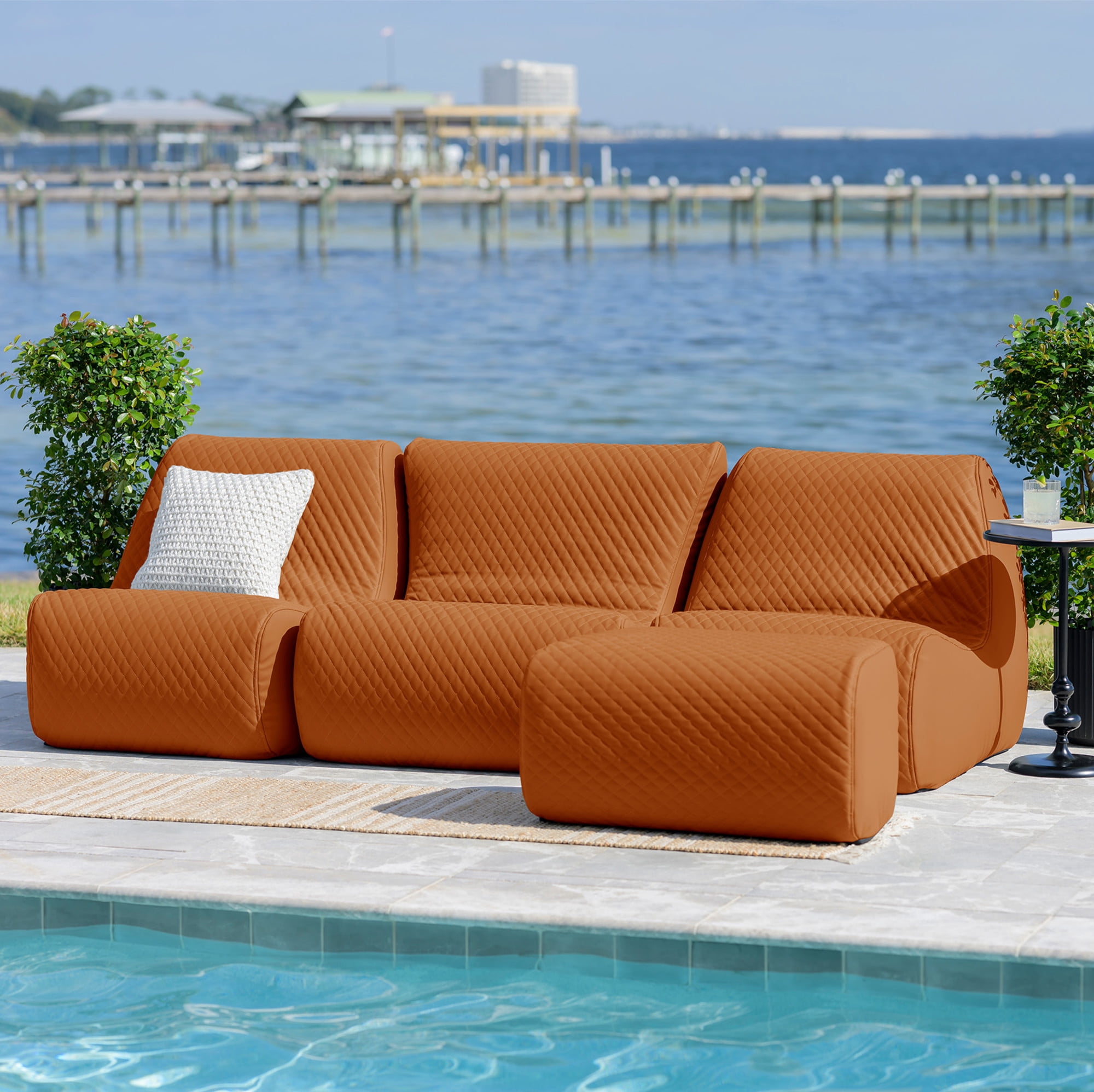 Big Joe Solvana Outdoor Sectional, 4 Piece Patio Furniture Set, Weather-Resistant Cool Touch Silicone Stitched Leather Sofa, Honey Sand