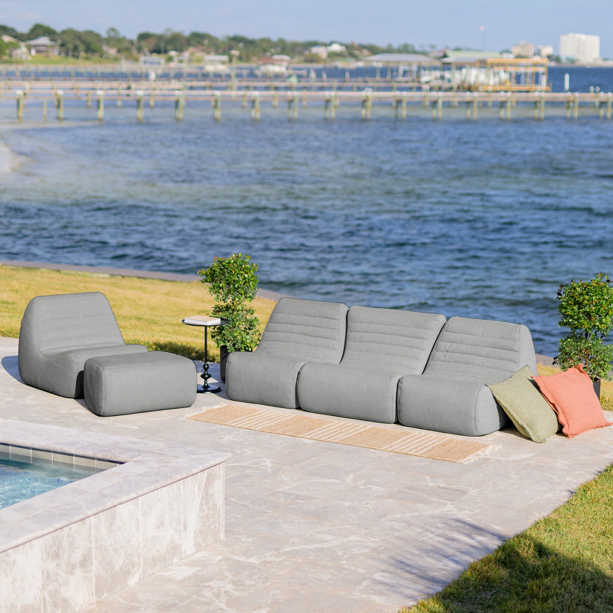 Big Joe Solvana Outdoor Sectional, 5 Piece Patio Furniture Set, Performance Linen Weather-Resistant Fabric Sofa, Port Gray