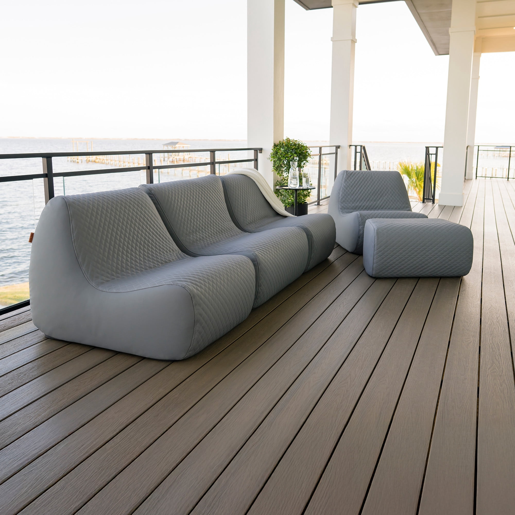 Big Joe Solvana Outdoor Sectional, 5 Piece Patio Furniture Set, Weather-Resistant Cool Touch Silicone Stitched Leather Sofa, Moonlit Gray
