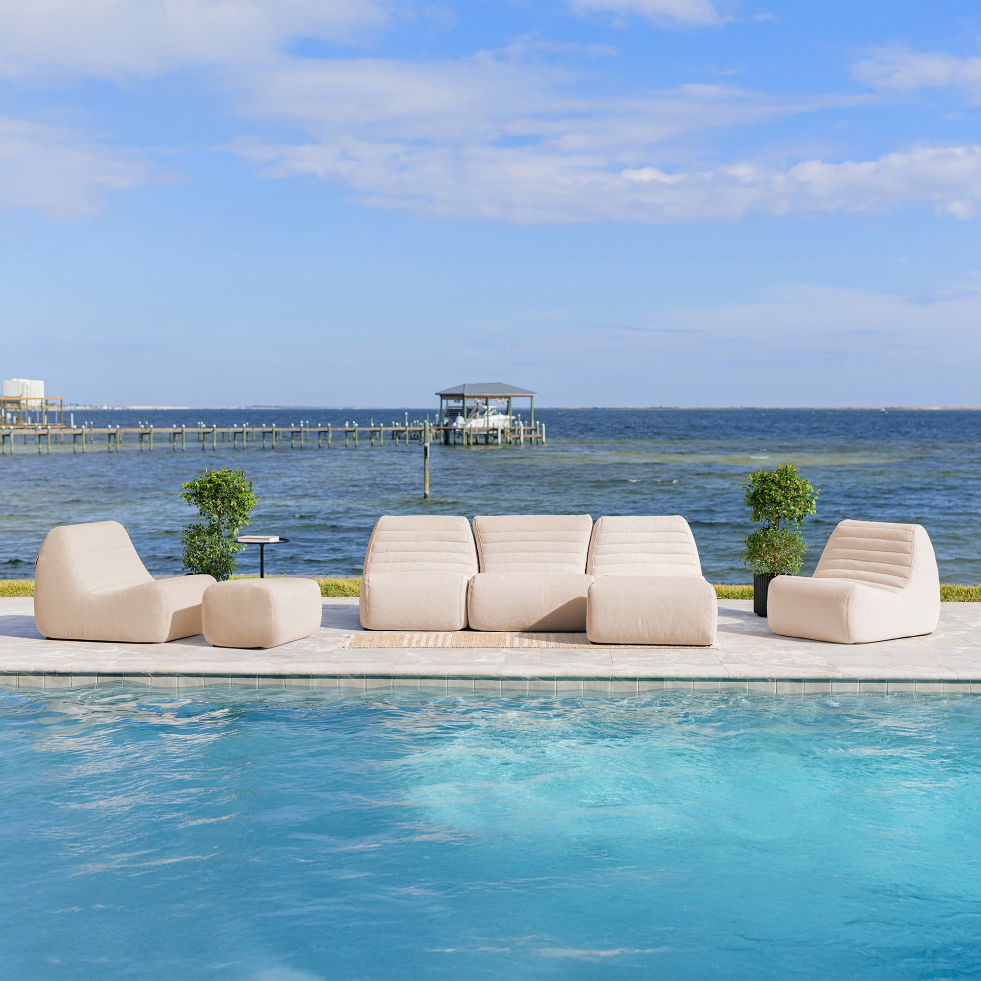 Big Joe Solvana Outdoor Sectional, 7 Piece Patio Furniture Set, Performance Linen Weather-Resistant Fabric Sofa, Sunlit Cream