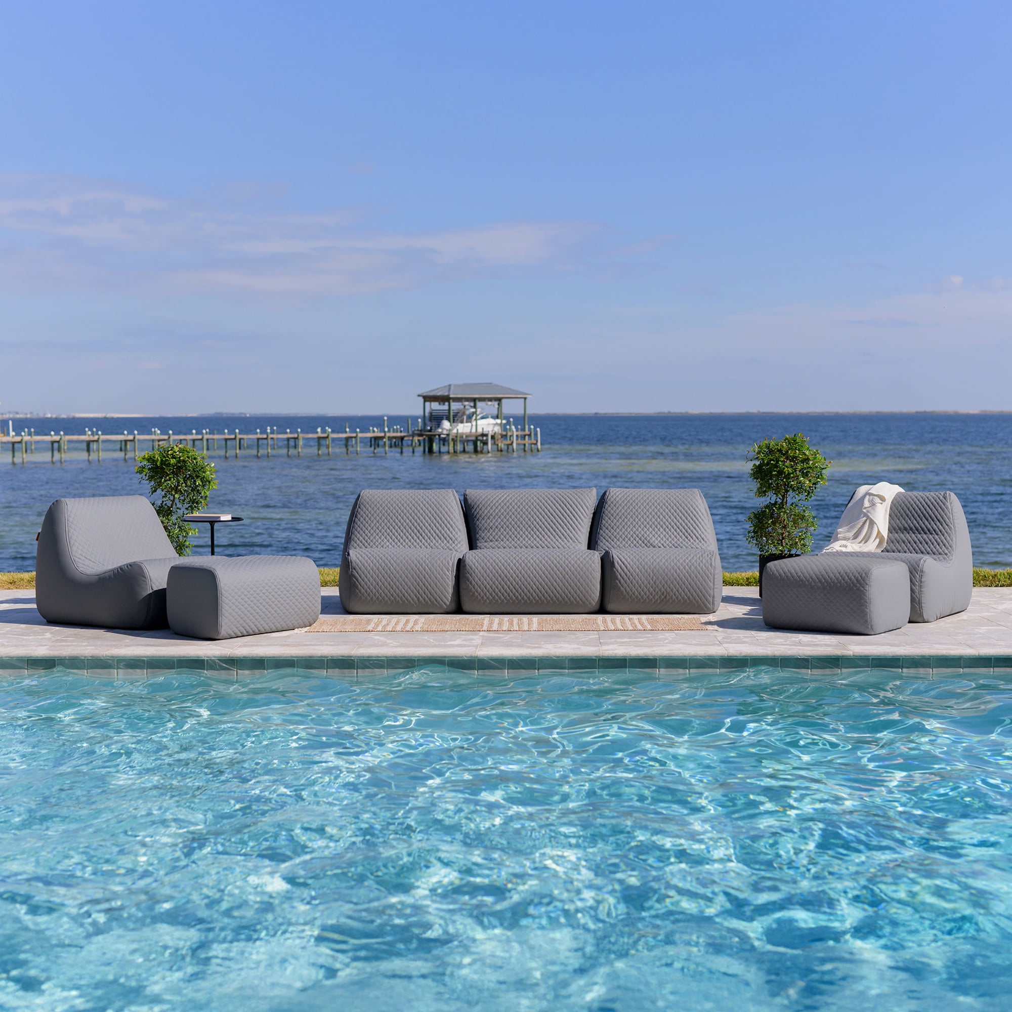 Big Joe Solvana Outdoor Sectional, 7 Piece Patio Furniture Set, Weather-Resistant Cool Touch Silicone Stitched Leather Sofa, Moonlit Gray