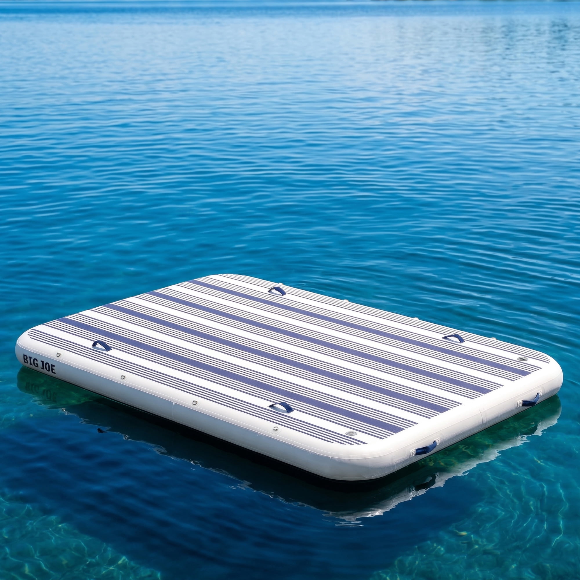 Big Joe TidalJoy 10' x 6.5' Inflatable Floating Dock for Adults, Heavy Duty Lake Platform & Boat Raft with Handles, Navy Stripe