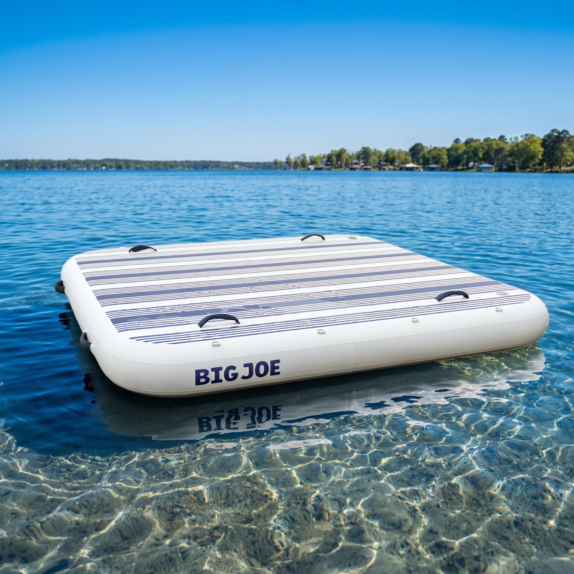 Big Joe TidalJoy 6.5’ x 6.5’ Inflatable Floating Dock for Adults, Heavy Duty Lake Platform & Boat Raft with Handles, Navy Stripe