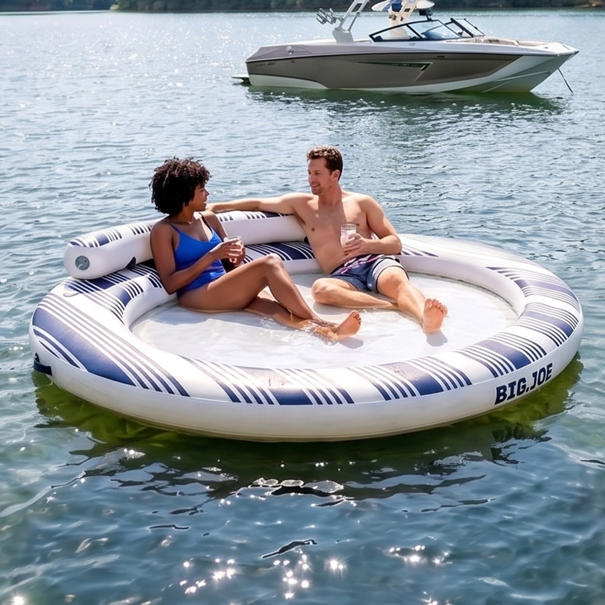 Big Joe Tidaljoy 8' Round Inflatable Floating Island for Adults, Heavy Duty Lake Platform & Boat Raft with Handles & Hand Pump, Navy Stripe