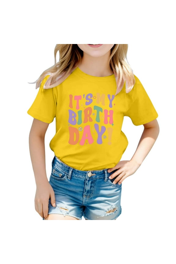 Big Kid Birthday Girl Themed Printed Party For Toddlers T Shirt Kids Girls Clothes Girls Tops Size Medium Baby Girl Inner Top Shoulder Cut Out Tops School Clothes Juniors Shirt 10-11 Years Yellow