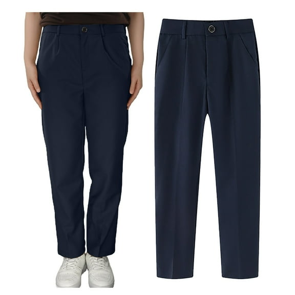 Big Kid Boys' School Uniform High Waisted Bootcut Pants, Elastic Waistband with Button Closure, Twill Material Navy 11-12 Years