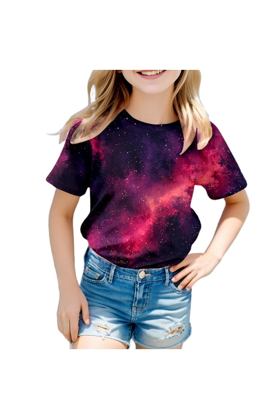 Big Kid Galaxy Shirt Girl's Short Sleeve Crew Neck Fancy T Shirt Top Teenager Girls 3D Print Glitter Tops For Carnival Blouse for Little Girls with Bow Undershirts 5-6 Size 16 12-13 Years Red
