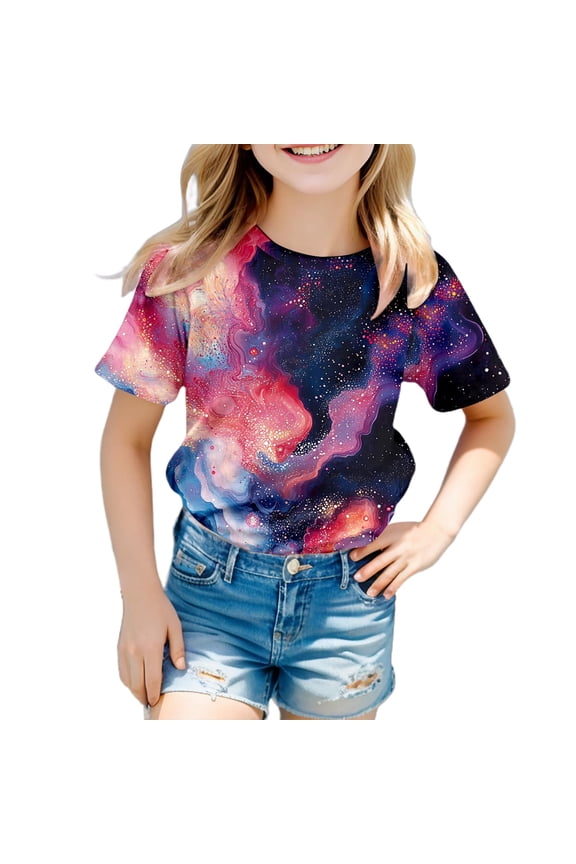 Big Kid Galaxy Shirt Girl's Short Sleeve Crew Neck Fancy T Shirt Top Teenager Girls 3D Print Glitter Tops For Carnival Cw The 100 Thin Long Sleeve Tee Shirts Blouse for Baby Girl 10-11 Years Purple
