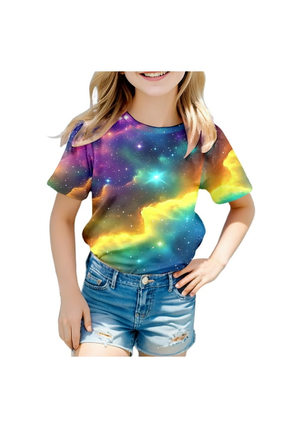 Big Kid Galaxy Shirt Girl's Short Sleeve Crew Neck Fancy T Shirt Top Teenager Girls 3D Print Glitter Tops For Carnival Little Girls Tops Size 8 Teen plus Size Christmas Top Baby 12-13 Years Purple