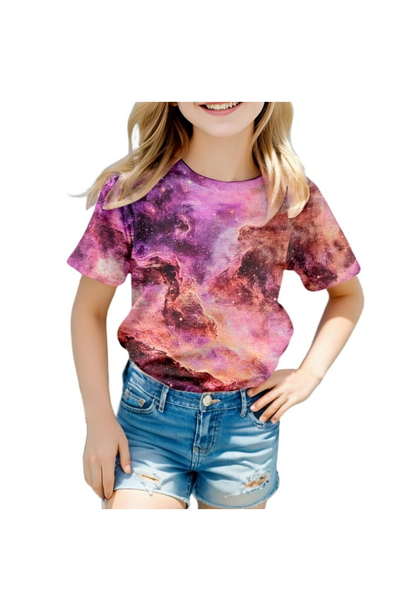 Big Kid Galaxy Shirt Girl's Short Sleeve Crew Neck Fancy T Shirt Top Teenager Girls 3D Print Glitter Tops For Carnival Tops Size Small Girl Long Sleeve Size 6 Girls Weekend Clever 8-9 Years Purple