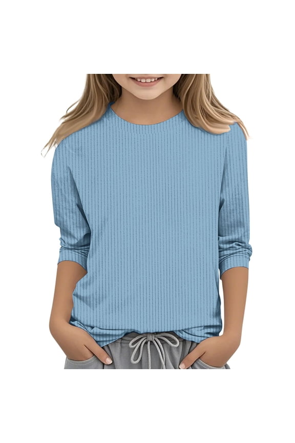 Big Kid Girls Casual Lightweight Knit Shirt Crew Neck 3/ 4 Sleeve Shirt Tops Comfy Loose Solid Color Girls Pullover 5 13 Years Toddler Long Sleeve Girl 2t Size 5 Clothes T for 12-13 Years Blue