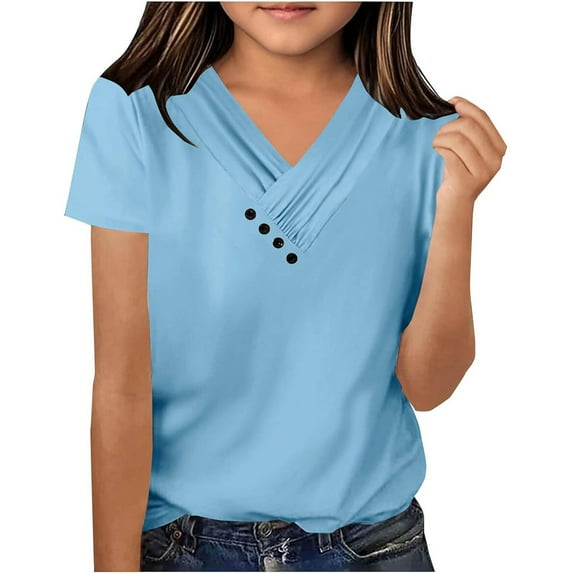 Big Kid Girls Casual Short Sleeve V Neck T Shirt Pure Color Ruffled Button Top For Everyday Wear School Outdoor Spring Summer 6x Shirts Girls 2t Shirts Summer 5 Girl 9 10 Elastic 9-10 Years Blue