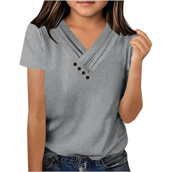 Big Kid Girls Casual Short Sleeve V Neck T Shirt Pure Color Ruffled Button Top For Everyday Wear School Outdoor Spring Summer Girls Christmas Long Sleeve Tops Teenage Girl Tops 11-12 Years Gray