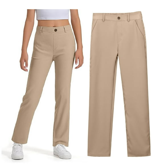 Big Kid Girls' School Uniform High Waisted Bootcut Pants, Elastic Waistband with Button Closure, Twill Material Khaki 13-14 Years