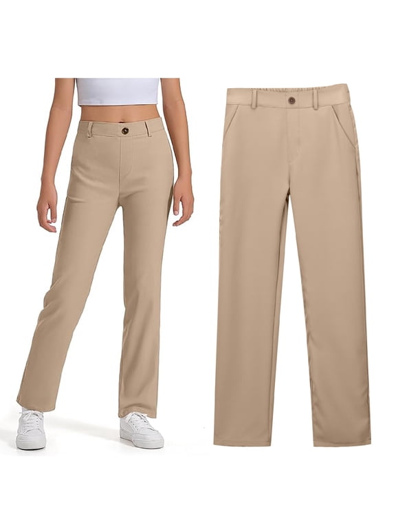 Big Kid Girls' School Uniform Leg Jegging, Flat Front Style with Zipper Closure, Functional Pockets Khaki 9-10 Years