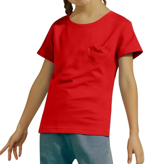 Big Kid Girls Short Sleeve Heart Pocket T Shirts Casual Tee Tops Blouse Girls Shirts for Kids Tunic Cat And Tops Tee Toddler Girl Thin Blouse Outfits for 4t Toddler( 2 12 Years) 10-11 Years Red
