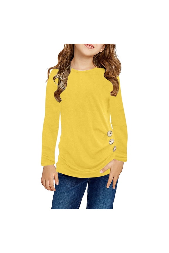 Big Kid Kids Girls Casual Tunic Tops Knot Front Button Long Sleeve Casual Loose Crewneck Blouse T-Shirt Tee Undershirt Long Sleeve Girls Softball under Shirts Top Tight Women 10-11 Years Yellow