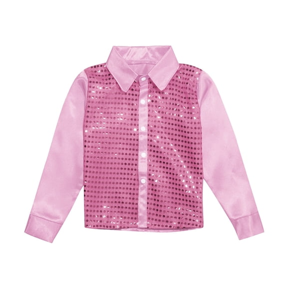 Big Kid Kids Girls Sparkly Sequins Dance Top Boys Long Sleeve Button Down Shirt For Jazz Dance Performance Toddler T Shirts 4t Long Sleeve Boys Top Boy Age 5 Maternity Tops Its A 13-14 Years Pink
